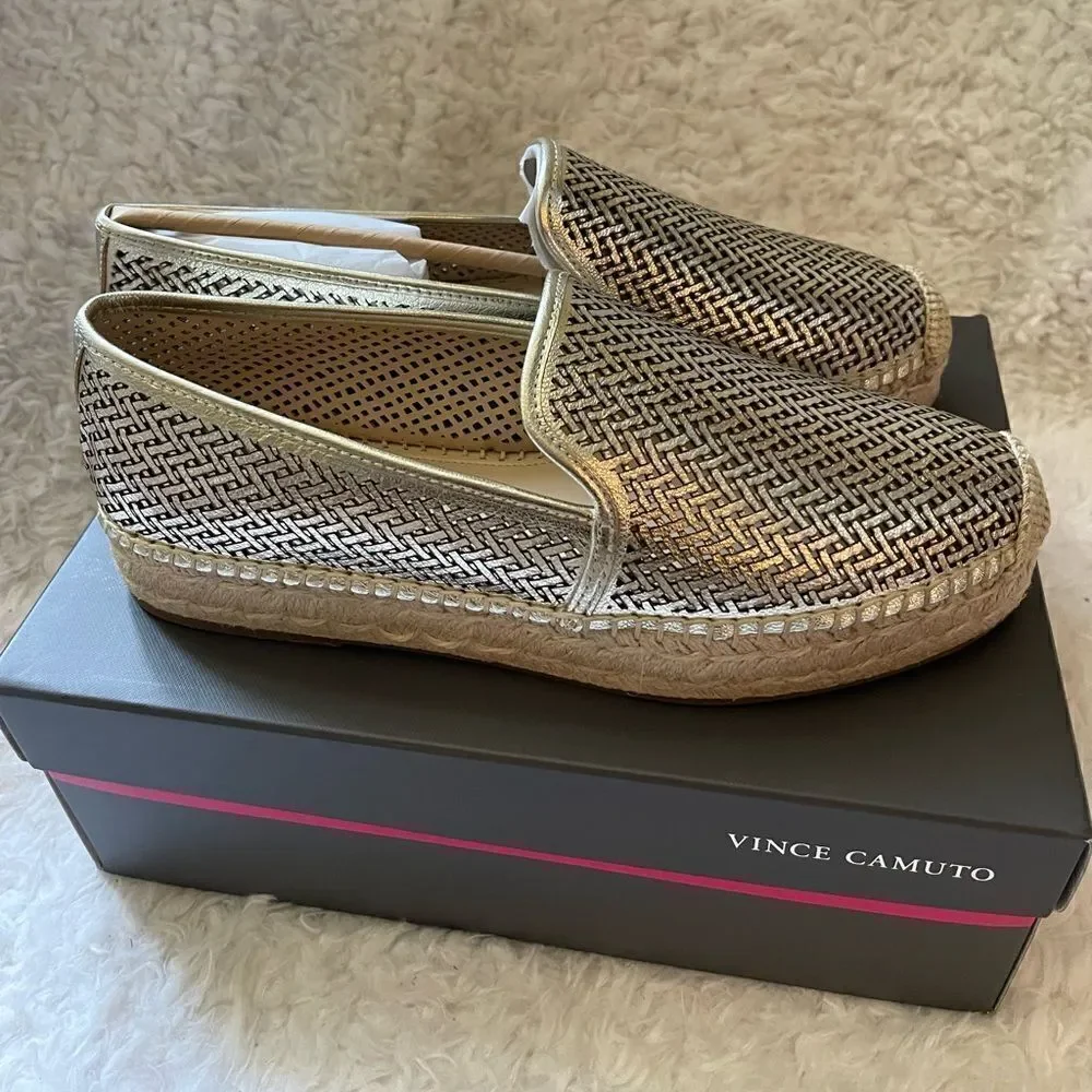 NWB Vince Camuto Hamorra leather gold laser cut slip on espadrilles jute SZ10M